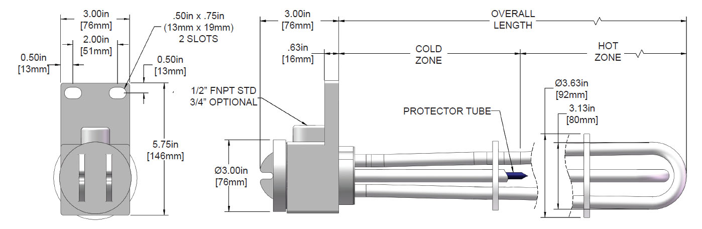 1500 watt 3 Element PTFE Heater Drawing