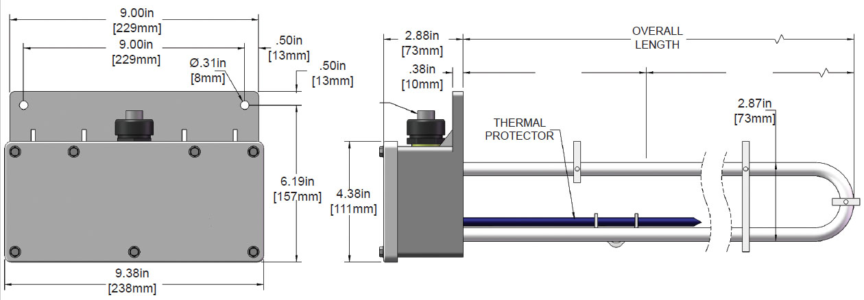 9000 watt 9 Element PTFE Heater Drawing