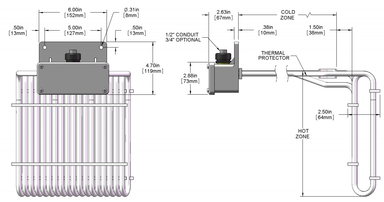 15000 watt, L shape, 3 element PTFE Bottom Heater drawing