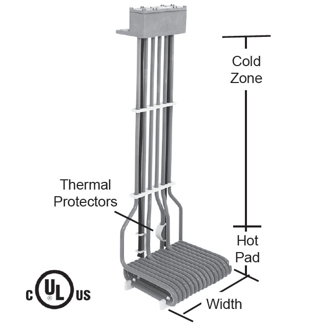 15000 watt L shape 3 element PTFE Bottom Heater - 36" Hot - 18" Overall