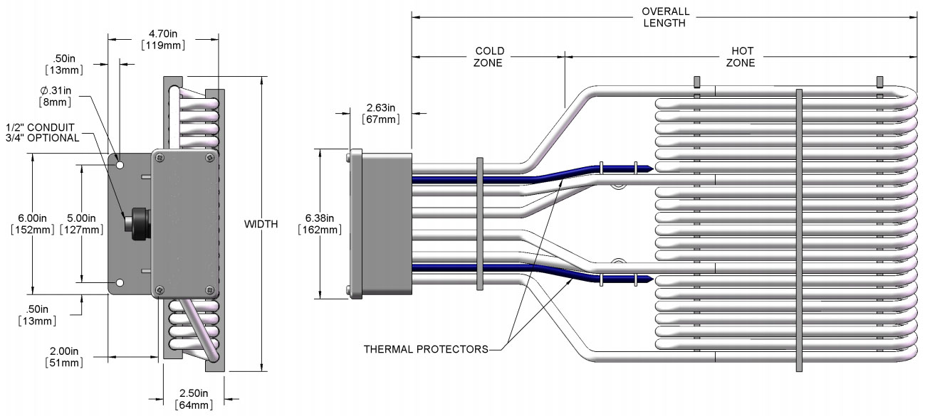 4500 watt, O shape, 3 element PTFE Heater drawing