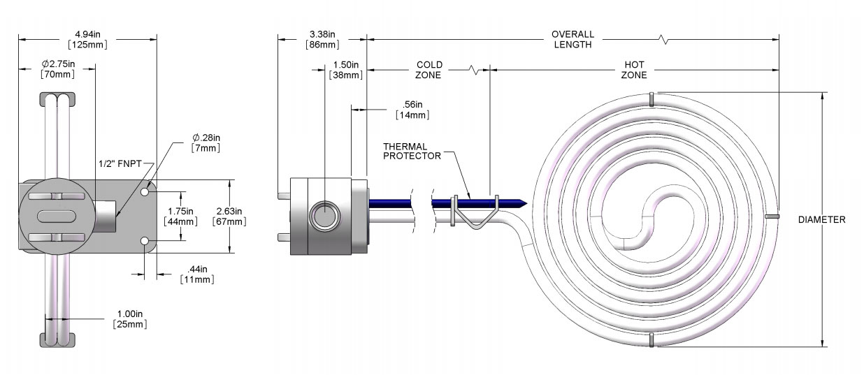 5000 watt Low Profile PTFE Heater drawing