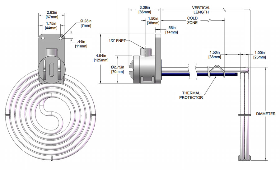 3000 watt Low Profile L Shape PTFE Heater drawing